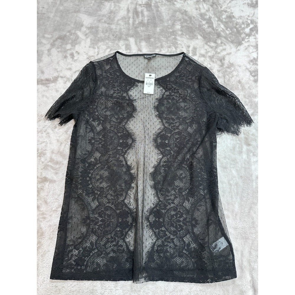 Express Women's Size Small Black Sheer Lace Eyelash Mesh Panel Top Shirt NWT